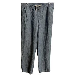 LL Bean Favorite Fit Linen Pull On Drawstring Waist Pants Size 16 Blue Wide Leg